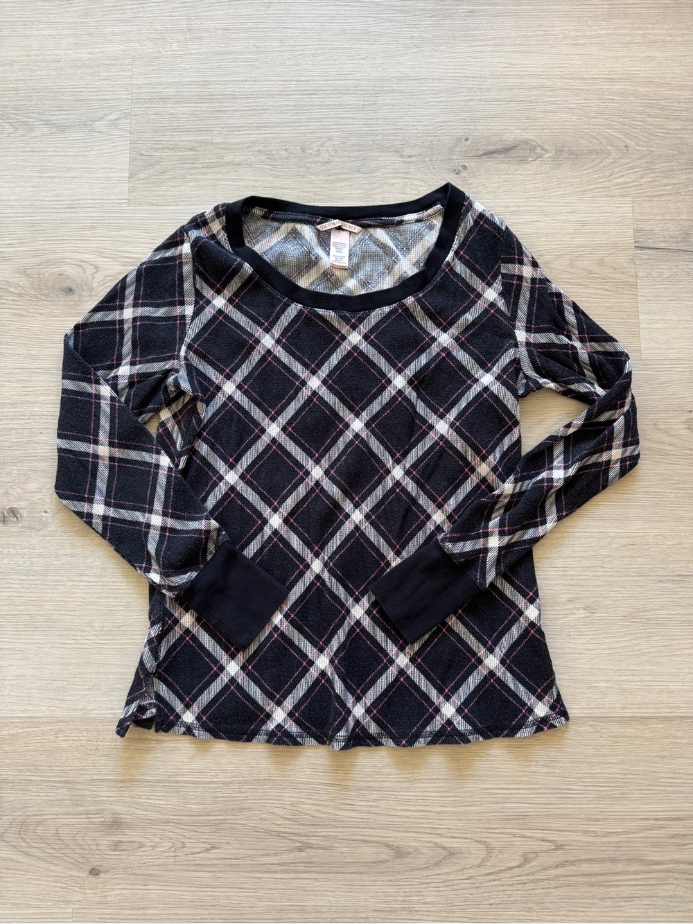 Victoria's Secret Black Plaid Long-Sleeve Scoop Neck Top with Pink Accents